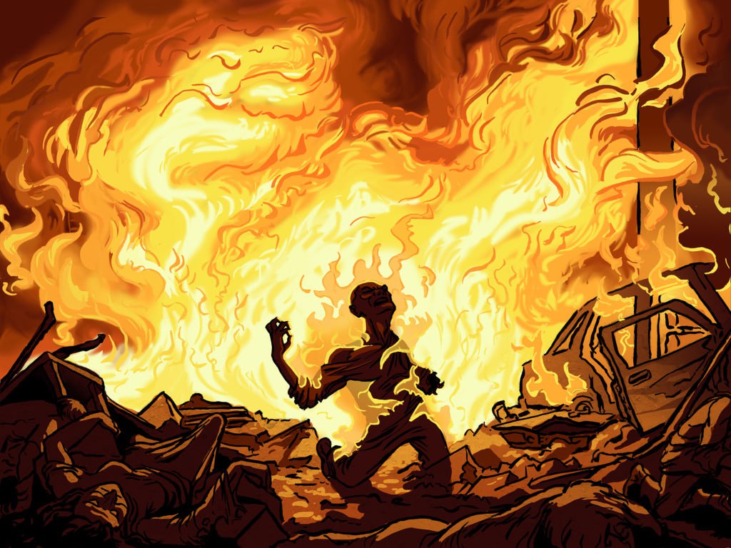 A figure engulfed in flames amid wreckage
